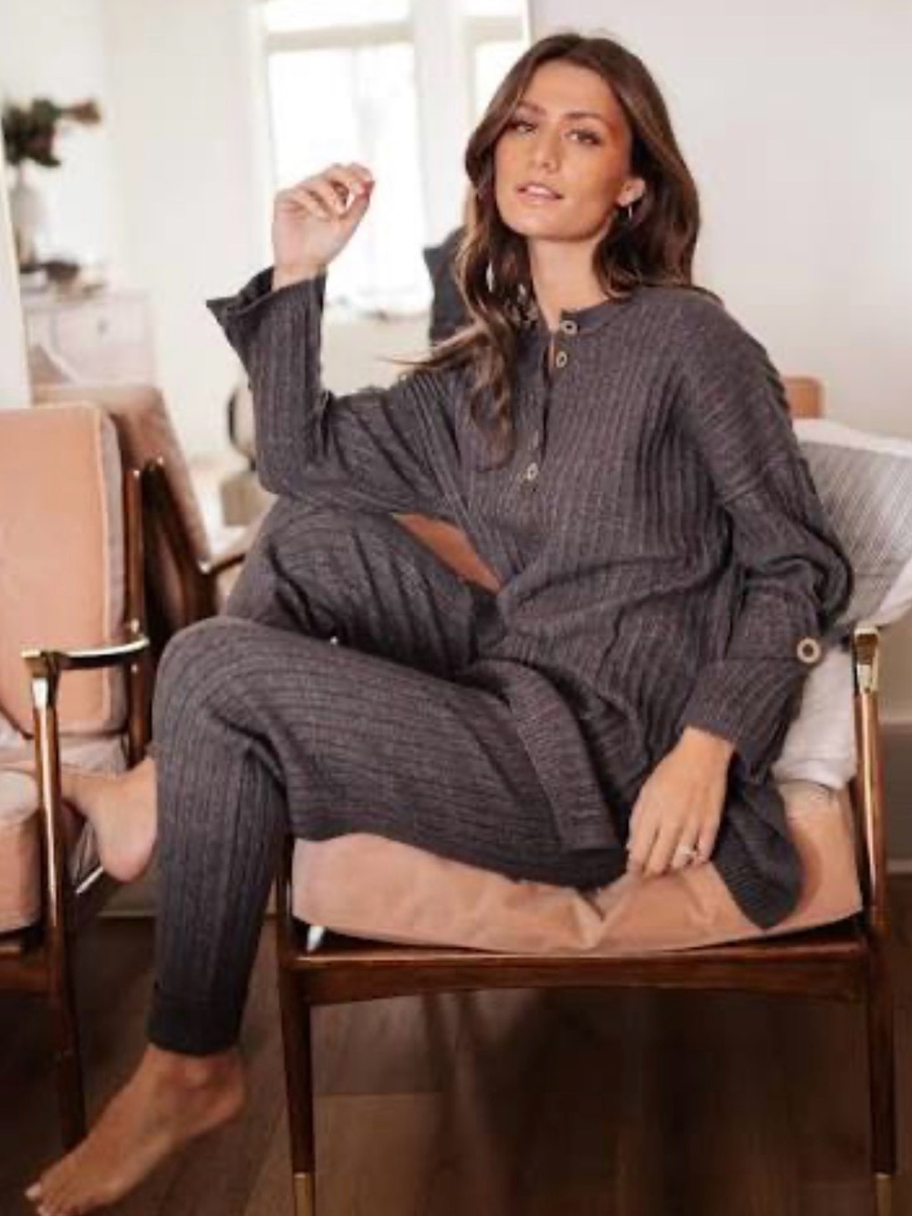 FREE PEOPLE Around The Clock Oversized Cozy Sweater & Pants Set Gray Large L